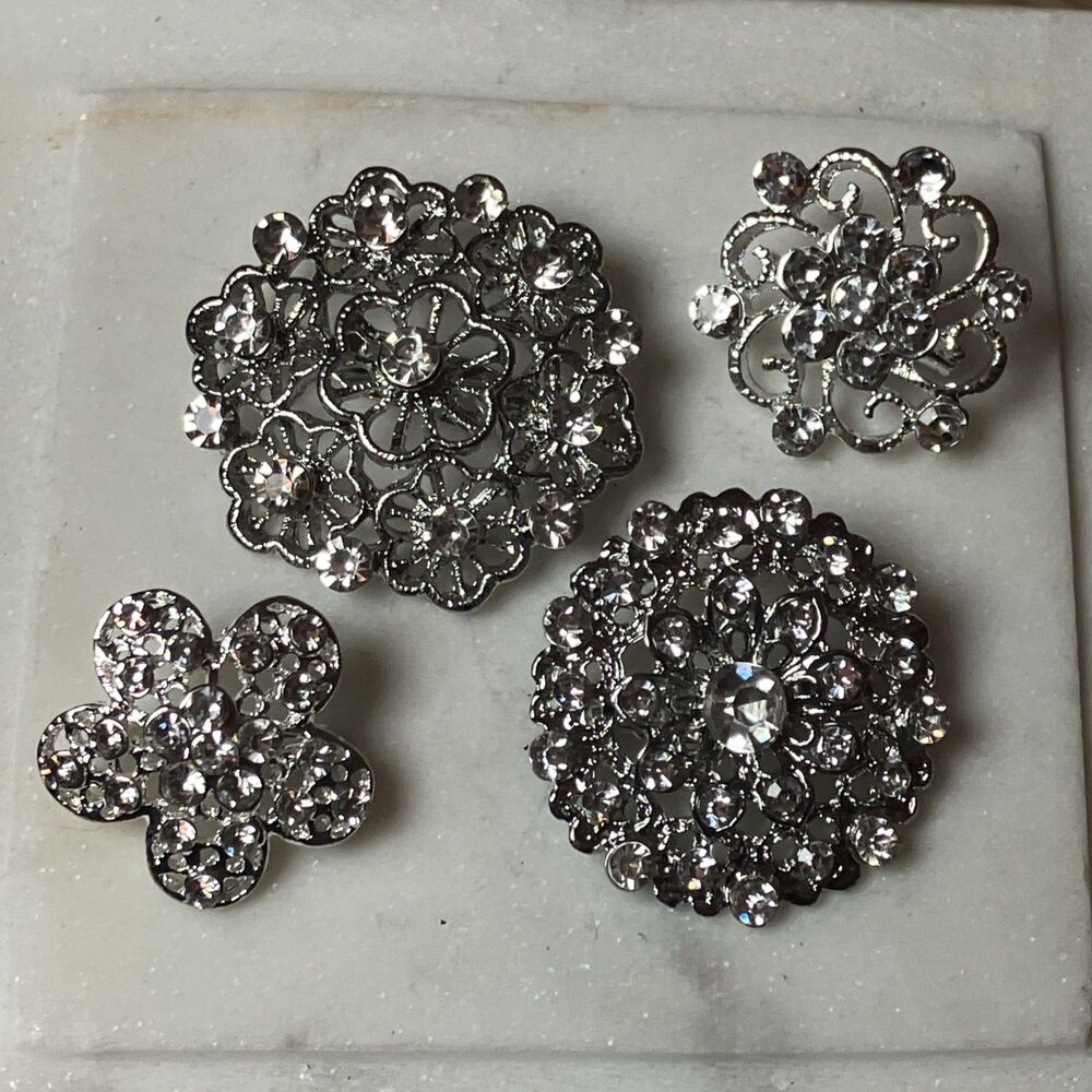 VTG Filigree Rhinestone Brooch Pins Lot Of 4 Silver Tone Crystal Costume Jewelry